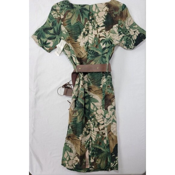 NEW Carrie Hutton Short Sleeve Linen Dress Size 8 Brown Green Tropical Floral - Picture 4 of 8